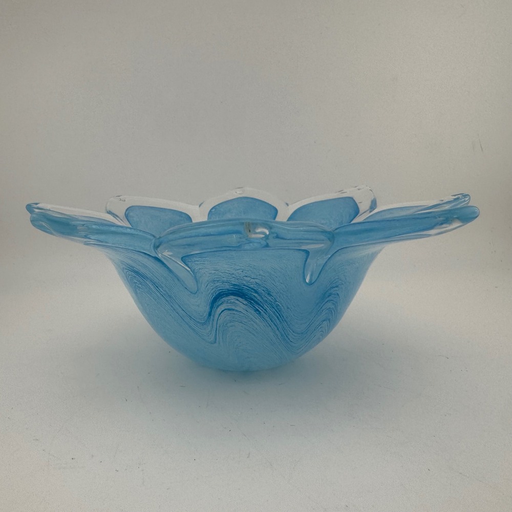 Murano Blue Lotus Flower Art Glass Swirl Scalloped Bowl Italy